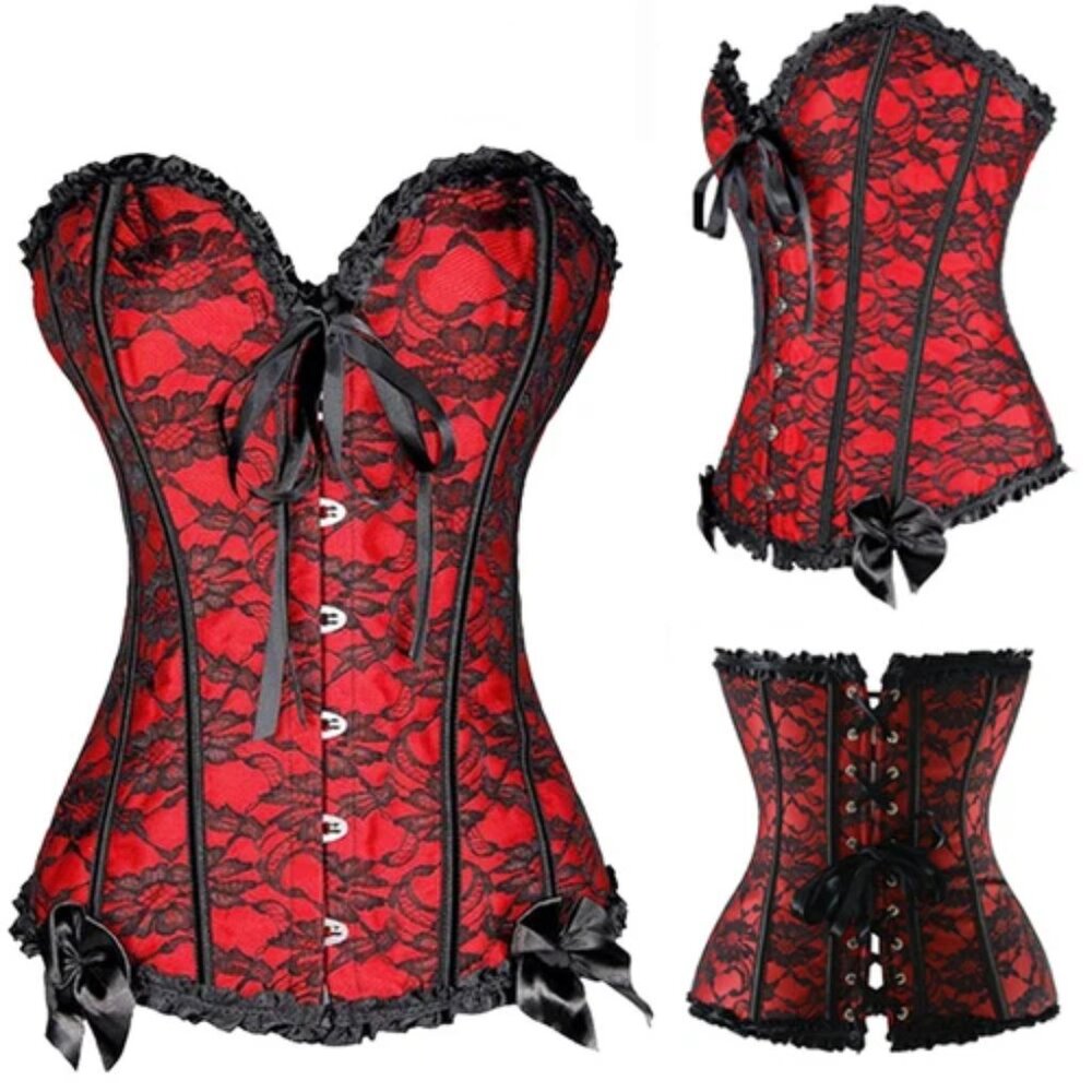 NWOT Red w/ Black Lace Corset Bustier Steampunk Renaissance Halloween Goth XS S